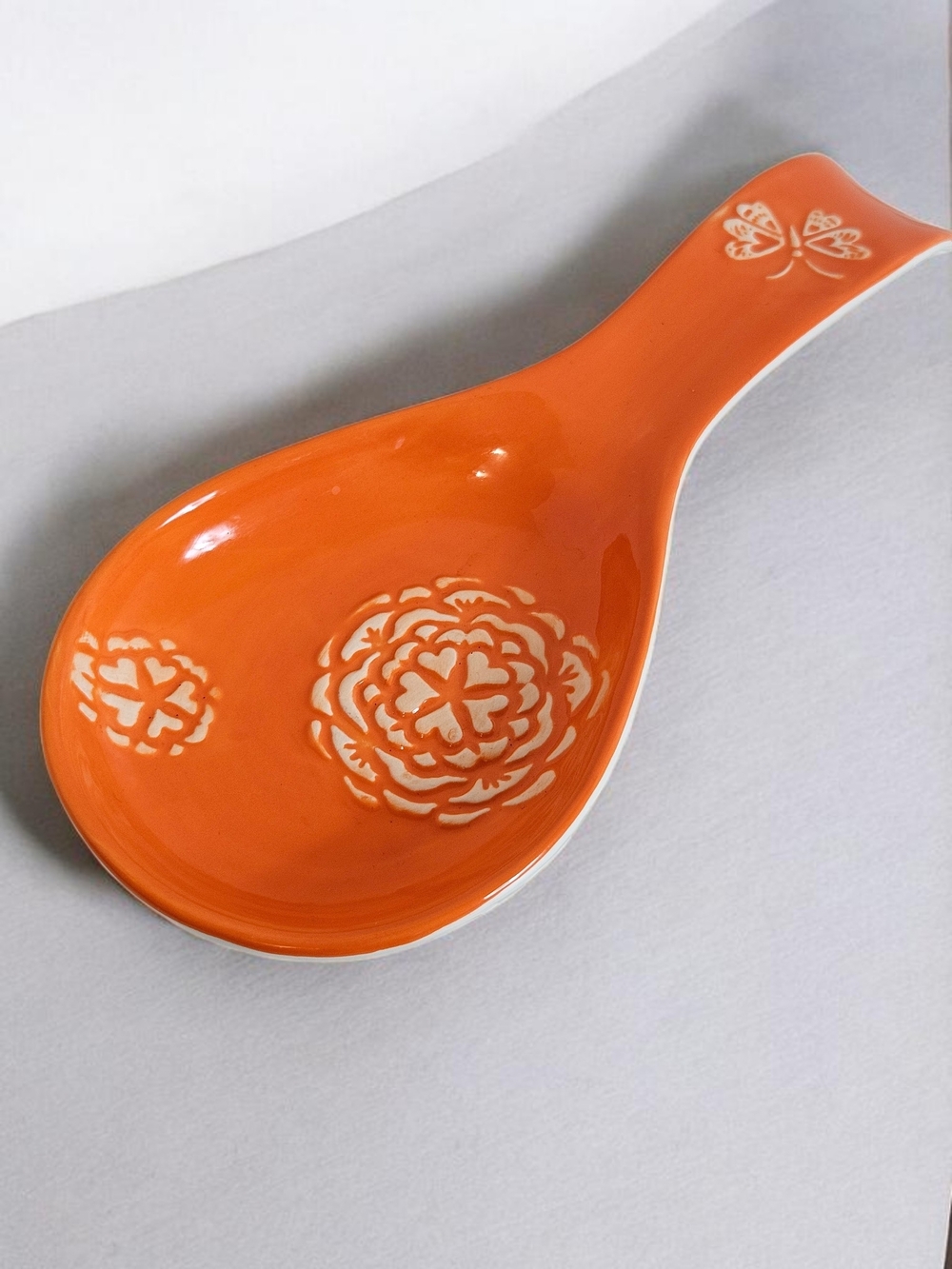 Orange Ceramic Spoon Rest Floral Butterfly 10” Farmhouse Kitchen Decor